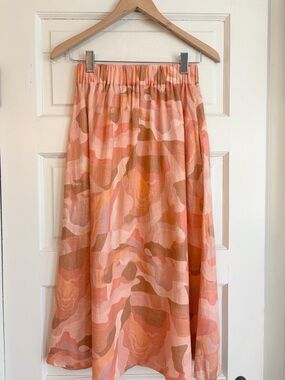 NWOT Women's Linen Blend Camp Elastic-Waist Midi Skirt in Coral Multi 8